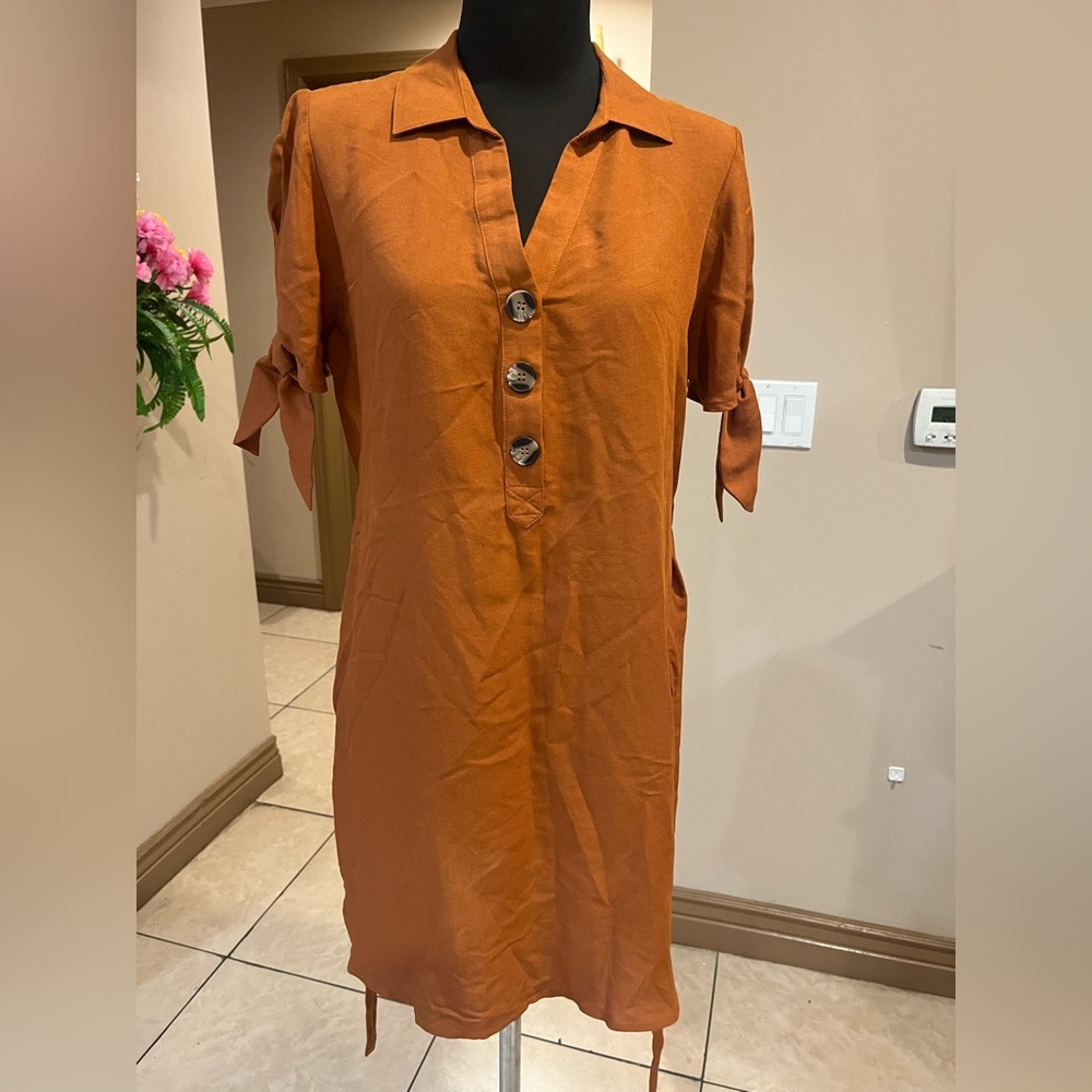 Elegant Button-Front Midi Dress in Terracotta - Picture 3 of 6